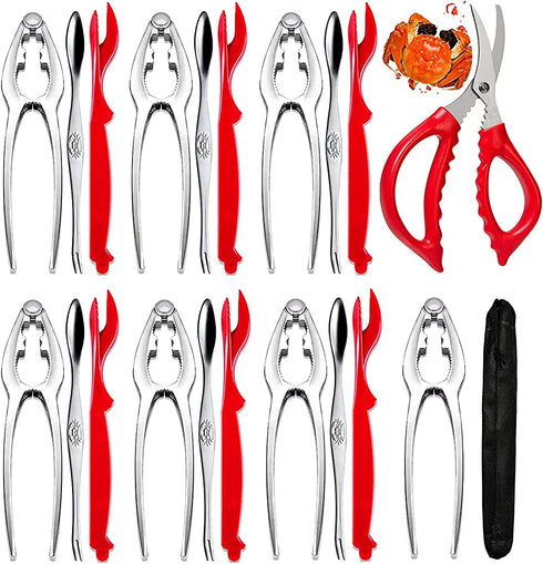 21-piece Seafood Tools Set includes 7 Crab Crackers, 6 Lobster Shell Knife, 6 Crab Leg Forks and 1 Seafood Scissors & Storage Bag - Nut Cracker Set