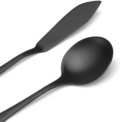 Matte Black Serving Set?SHARECOOK 5-Piece 18/0 Stainless Steel Large Hostess Set with Round Edge, Satin Finished, Dishwasher Safe -Spoons, Forks,Butter Knife& Slotted Spoon