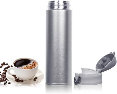 DILLER Thermos Coffee Travel Mug - 17oz Vacuum Insulated Water Bottle, Thermal Vacuum Drink Flask Keeps 24 Hours Cold & 12 Hours Hot (Silver, 17 oz)