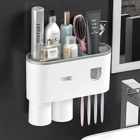 Automatic Toothpaste Dispenser with Toothbrush Holder, Multifunctional Wall Mounted Toothbrush Holder for Bathroom. Toothbrush Organizer with Sticker for Women Kids Baby Bathroom.