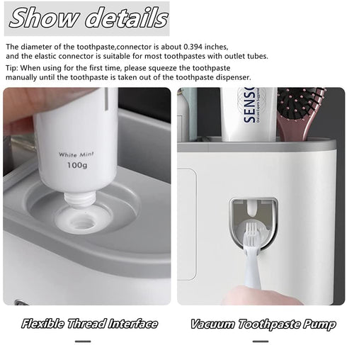 Automatic Toothpaste Dispenser with Toothbrush Holder, Multifunctional Wall Mounted Toothbrush Holder for Bathroom. Toothbrush Organizer with Sticker for Women Kids Baby Bathroom.