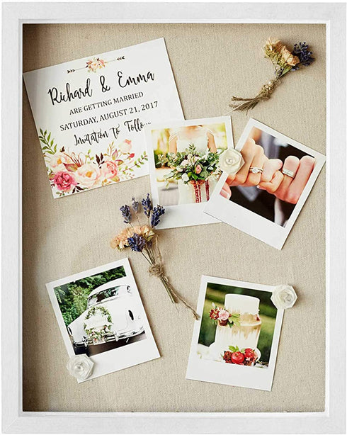 White Shadow Box Display Case - 11x14 Deep Wood & Glass Shadowbox Picture Frame with Linen Board - Wall-Hanging & Free-Standing - 3D Showcase Keepsake Art Graduation Baby Wedding Military Sport Flag