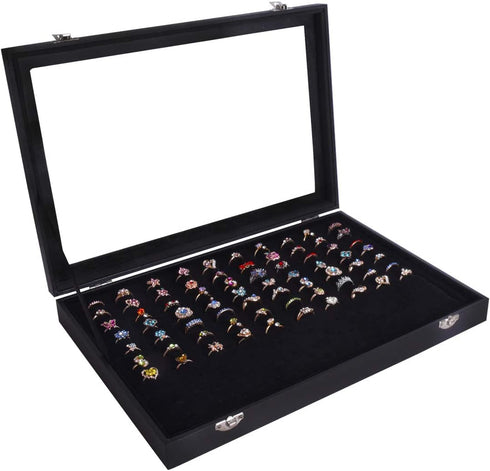 Autoark Velvet Stackable Clear Lid 100 Slots Jewelry Ring Box Showcase Display Organizer,Black,AJ-081