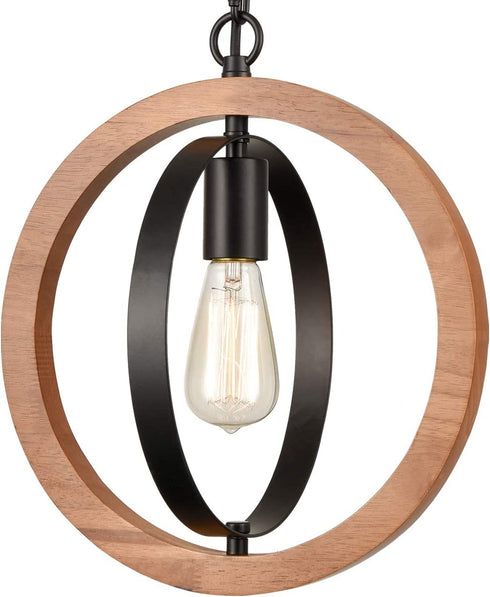 Farmhouse Pendant Light Wood and Black Light Fixture Vintage 1-Light Adjustable Chain Pendant Light