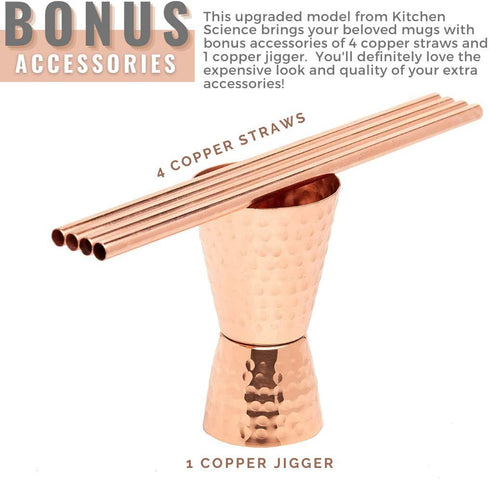 Kitchen Science Moscow Mule Copper Mugs Set of 4 (16oz) w/ 4 Straws & 1 Jigger | 100% Pure Copper Cups, Tarnish-Resistant Food Grade Lacquered Finish, Ergonomic Handle (No Rivet) w/ Solid Grip