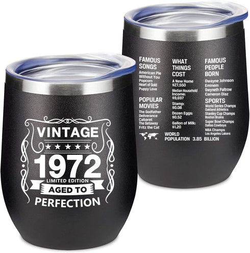 50th Birthday Gifts for Women and Men - 1972 50th Birthday Decorations - 12 Oz Insulated Stainless Steel Wine Tumbler with Lid for Her Wife Mom Grandma Aunt Friend, Black