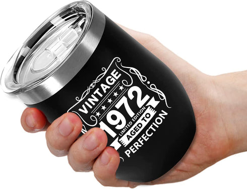 50th Birthday Gifts for Women and Men - 1972 50th Birthday Decorations - 12 Oz Insulated Stainless Steel Wine Tumbler with Lid for Her Wife Mom Grandma Aunt Friend, Black