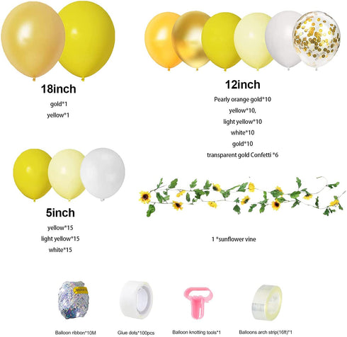 LEVSUPTY 108Pcs Sunflower Yellow Balloons Garland Arch Kit, Yellow White Gold Confetti Latex Balloons and Sunflower Vine for Baby Shower Sunflower Birthday Bee Theme Party Wedding Decorations