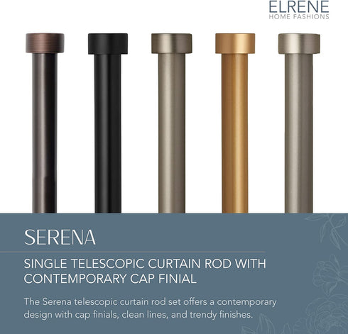 Elrene Home Fashions Serena Single Curtain Rod for Curtains and Drapery with Contemporary Cap Finials, 1-Inch Diameter, 48" - 86" Adjustable Rod, Polished Nickel