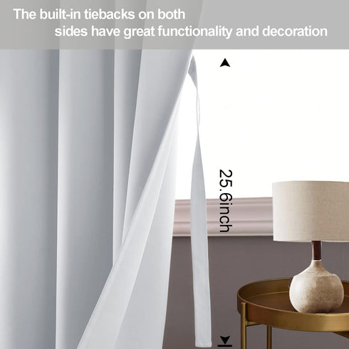 ROSETTE Greyish White Blackout Curtains with Tiebacks - Thermal Insulated, Light Blocking and Noise Reducing Grommet Drapes for Bedroom and Living Room, Set Off 2 Curtain Panels, 42 x 84 Inches Long
