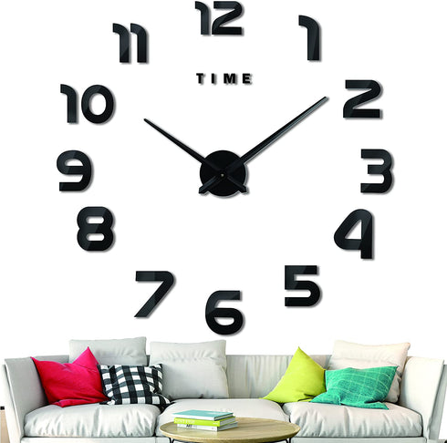 VREAONE Large Frameless DIY Wall Clock, Modern 3D Wall Clock Mute Mirror Stickers Living Room Wall Clock Decoration(Black)
