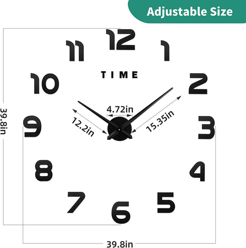 VREAONE Large Frameless DIY Wall Clock, Modern 3D Wall Clock Mute Mirror Stickers Living Room Wall Clock Decoration(Black)