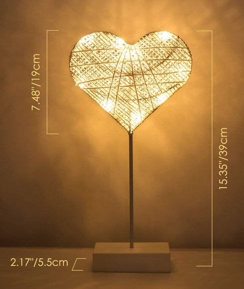 Lewondr Table Lamp, Battery Powered Heart Shape Ramadan Light Desk Lamp LED Christmas Decorative Lamp Winding Iron Frame Plastic Base Warm White Bright Light Home Bedroom Romantic Decoration - White
