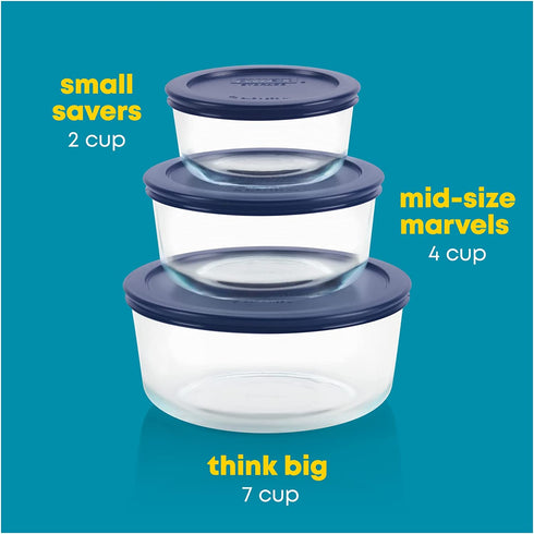 Pyrex Circular Glass Storage Container Set with Lids | 6 Piece Simply Store Meal Prep Glass Food Storage Containers | Microwave, Dishwasher, and Oven Safe | BPA Free Lids | Proudly Made in the USA