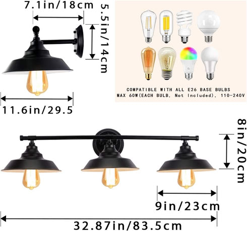 LMSOD 3 Lights Bathroom Vanity Light, Black Vintage Industrial Wall Sconce Lighting Fixture Fashion Simplicity Metal Based Black