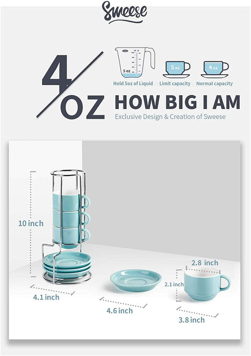 Sweese 405.402 Porcelain Stackable Espresso Cups with Saucers and Metal Stand - 4 Ounce - Set of 4,Turquoise
