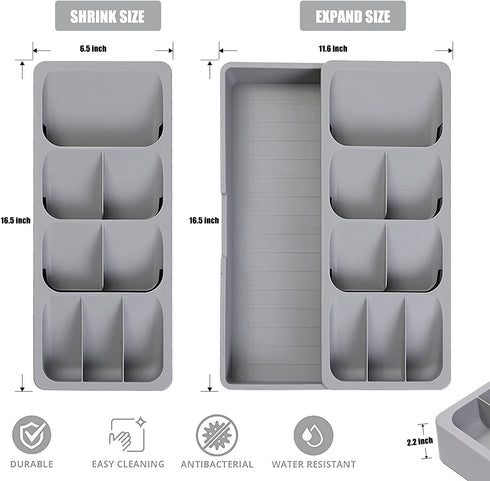 ORIJOYNA Kitchen Flatware Organizers - Drawer Organizer Tray Box Cutlery Expandable Organizer - for Kitchen Drawer Holding Flatware Spoons, Forks, Spatula (Grey)