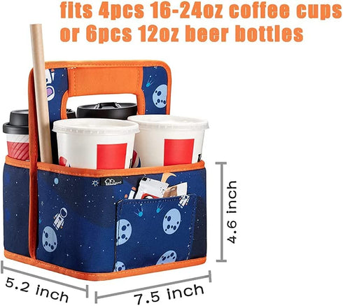 Drink Carrier Reusable Coffee Cup Carrier Bag Water Beer Bottle Holder Bag in Car Padded Beverage Holder Bag with Adjustable Dividers Fits 16-24OZ Coffee Cups Take Out (Green Geometric)