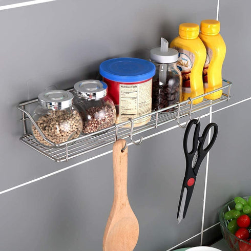 Adhesive Shower Caddy Shower Shelf Basket with Hooks, 304 Stainless Steel, 2 Pack (Silver)