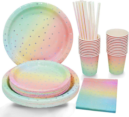 Sliver Dot Disposable Paper Party Plates Set 25 Dinner Plates, 25 Dessert Plates, 25 Cups, 25 Napkins, 25 Straws Dinnerware Set for Birthday Baby Shower Wedding Rainbow Party - Serves 25