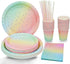 Sliver Dot Disposable Paper Party Plates Set 25 Dinner Plates, 25 Dessert Plates, 25 Cups, 25 Napkins, 25 Straws Dinnerware Set for Birthday Baby Shower Wedding Rainbow Party - Serves 25