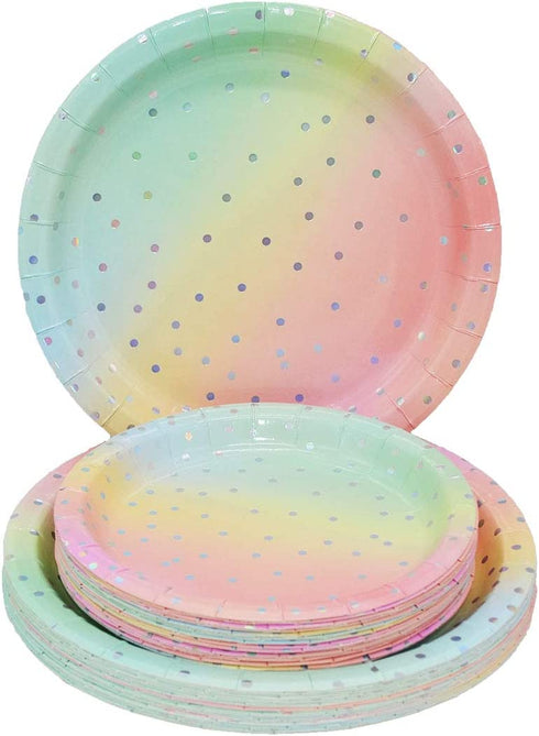 Sliver Dot Disposable Paper Party Plates Set 25 Dinner Plates, 25 Dessert Plates, 25 Cups, 25 Napkins, 25 Straws Dinnerware Set for Birthday Baby Shower Wedding Rainbow Party - Serves 25