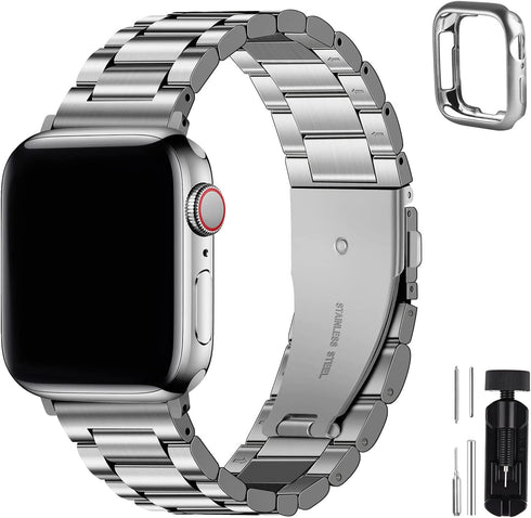 Fullmosa Compatible Apple Watch Band 42mm 44mm 45mm 49mm 38mm 40mm 41mm, Stainless Steel iWatch Band with Case for Apple Watch Series 8/7/6/5/4/3/2/1/SE/SE2/Ultra, 42mm 44mm 45mm Silver