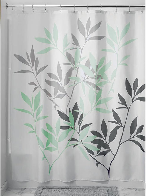 iDesign Leaves Fabric Shower Curtain, Water-Repellent Bath Liner for Kids', Guest, College Dorm, Master Bathroom, 72" x 72", Mint Green and Gray