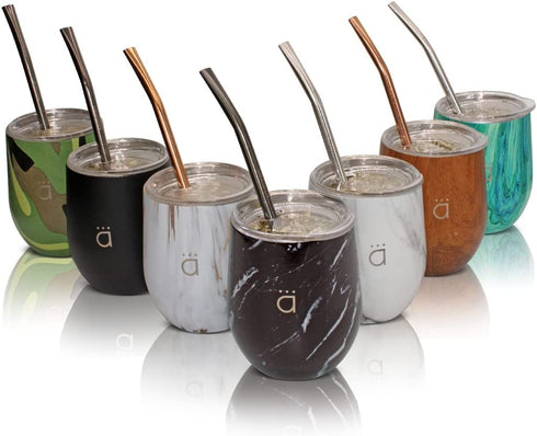 Kalmateh Yerba Mate Gourd - Double Walled Stainless Steel with BPA Free Lid, Bombilla Filter Straw & Bombilla Cleaner (Black Marble, 8 oz)
