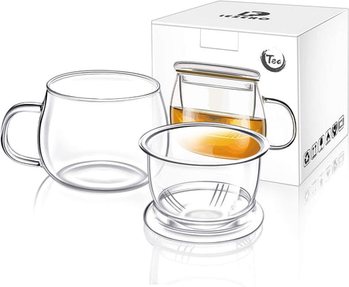 Lezero 13 ounce Tea Cups Kits Loose Tea-leaf Brewing System, Thickened Glass Cups with Tea Infuser Basket and Lid, Simple Filtration Teacups Great for Family Daily