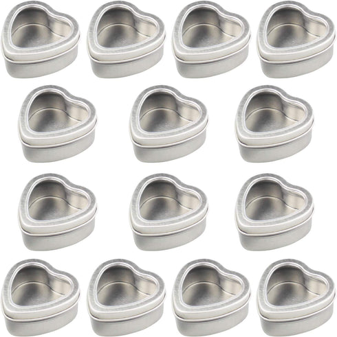 14-Pack 2oz Empty Heart Shaped Silver Metal Tins with Clear Window for Candle Making, Candies, Gifts & Treasures
