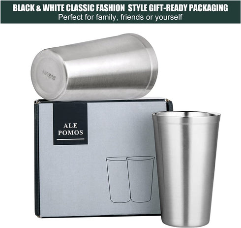 Pint Glasses Set of 2 Stainless Steel , Double Wall 16 oz Stainless Steel Tumbler, Stainless Steel Cups for Beer,Cocktails, Coffee, Tea,Smoothies,Gift for Kids and Adults