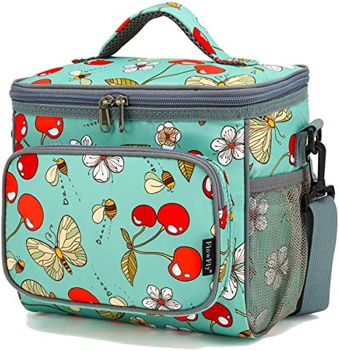 FlowFly Insulated Reusable Lunch Bag Adult Large Lunch Box for Women and Men with Adjustable Shoulder Strap Front Zipper Pocket and Dual Large Mesh Side Pockets, Cherry