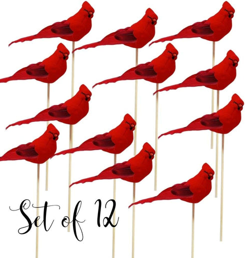 Cardinal Floral Picks - 5" Red Cardinals on 7" Wooden Sticks - Set of 12 Birds Attached to Stems - Red Birds Centerpieces - Christmas DIY - Ornament Holiday Décor.