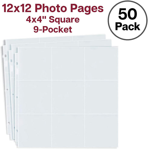 Dunwell 4x4 Photo Album Refills- (50 Pack) Standard 3 Ring Album 12 x 12 Photo Sleeve Protectors, Holds 900 4 x 4 Square Picture, Instagram Prints, Durable Super Heavyweight Poly, Archival Quality