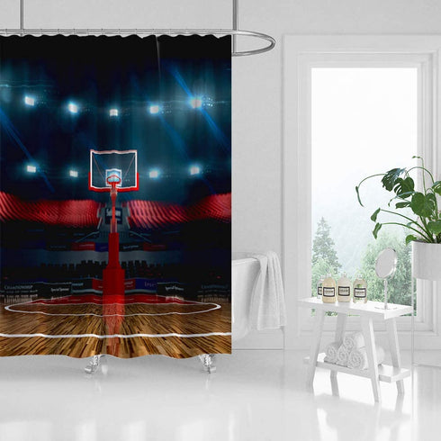 Goodcare Basketball Shower Curtain Basketball Court Sport Arena and Hoop Rim Indoor Training Exercising Stadium Picture, Cloth Fabric Bathroom Decor Set with Hooks, 71X71 in