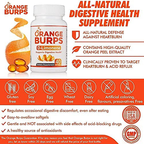 Orange Burps D-Limonene Softgels | Orange Peel Extract for Digestive Health | Non-Harmful Solution for Acid Reflux & Heartburn | Easy-to-swallow & each Bottle Contains 500mg, 40 Capsules | Gluten-Free