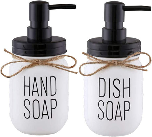 Elwiya Mason Jar Hand Soap Dispenser and Dish Soap Dispenser Set - 16 Ounce Glass Mason Jar with Plastic Pump and Lid - Rust Proof - Rustic Bathroom Accessories &Kitchen Home Decor - 2 Pack
