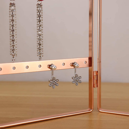 LEORISO 2-Panel Jewelry Organizer, Metal Jewelry Holder, Foldable Jewelry Hanger, Portable Jewelry Display Rack for Earrings, Necklaces & Bracelets (Rose Gold)