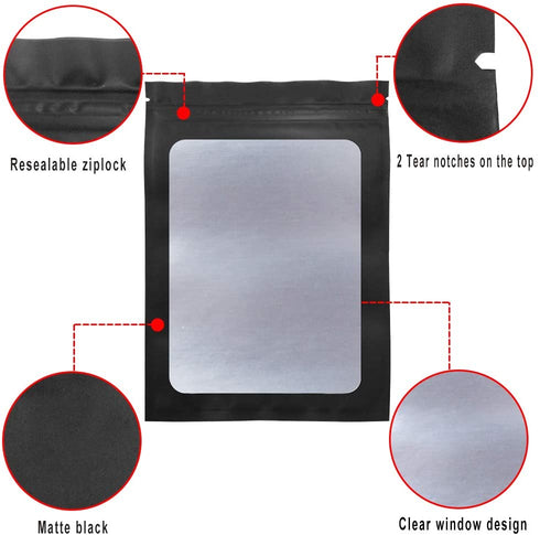 STUs 100 Pack Mylar Bags - 5.5 x 7.9 Inch Resealable Smell Proof Bags with Clear Window Foil Pouch Bag Flat Bag Matte Black