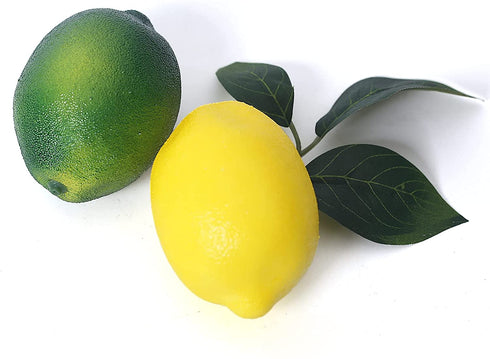 Fake Fruit Artificial Lemons, 3.1''—2.2'' Faux Lemon Fake Limes with Leaves, Lifelike Fake Lemon Decor for Kitchen Table Cabinet Party, Plastic Fruits Photography Prop 36PCS