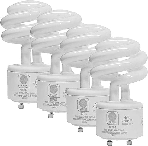 SLEEKLIGHTING - 13Watt GU24 Base 2 prong light bulbs- UL approved-120v 60Hz - Mini Twist Lock Spiral -Self Ballasted CFL Two Pin Fluorescent Bulbs- 4200K 900lm Cool White 4pack (60Watt Equivalent)