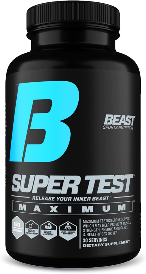 Beast Sports Nutrition Super Test Maximum - 120 Capsules - Boost Natural Testosterone Levels - Maximize Strength, Burn Body Fat, Faster Recovery & Increase Performance - 30 Servings