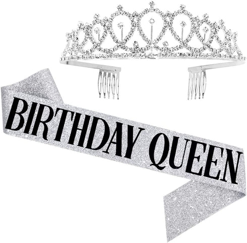 "Birthday Queen" Sash & Rhinestone Tiara Kit - 21st 30th Birthday Gifts Birthday Sash for Women Birthday Party Supplies (Silver Glitter with Black Lettering)
