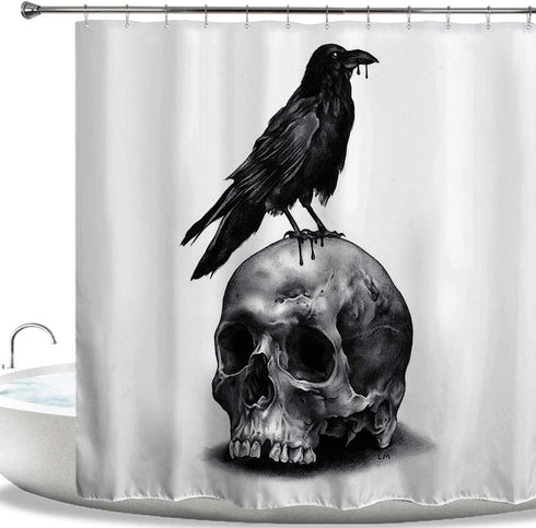 HIYOO Halloween Skull Raven Shower Curtain with Hooks, Horror Scary Skeleton Hallowmas Bathroom Art Decor Bathtub Black and White Shower Curtains, Waterproof Fabric - Mysterious Bird 60" W x 72" L