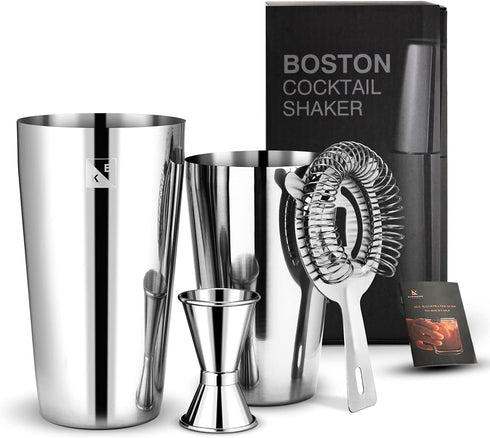 KITESSENSU Cocktail Shaker Set, 4-Piece Boston Shaker Cocktail Set Bartending Kit with 20oz & 25oz Drink Shaker Tins, Hawthorne Strainer, Double Measuring Jigger, Recipes Booklet Included