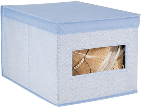 mDesign Soft Fabric Stackable Closet Storage Organizer Holder Box Bin with Clear Window, Attached Hinged Lid - Bedroom, Hallway, Entryway, Closet, Bathroom - Textured Print, 4 Pack - Blue Herringbone