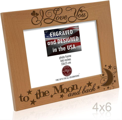 KATE POSH I Love You to The Moon and Back Engraved Natural Wood Picture Frame, Couples in Love Gifts, Valentine's Day, Engagement, Wedding (4x6-Horizontal)