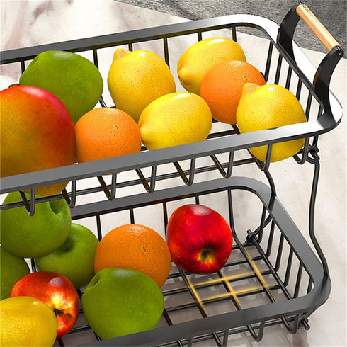 Tngan 2 Tier Fruit Basket Detachable Metal Wire Basket with Wooden Handles Fruit Bread Vegetables Storage Bowl Holder for Kitchen Worktop Dining Table, Black