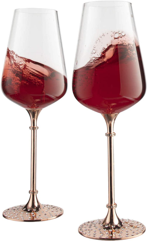 Rose Gold Diamond Studded Wine Glasses - Set of 2 - 15 Ounce, Premium Designed Wine Glasses for Spirits and Wine, Gift Boxed By The Wine Savant
